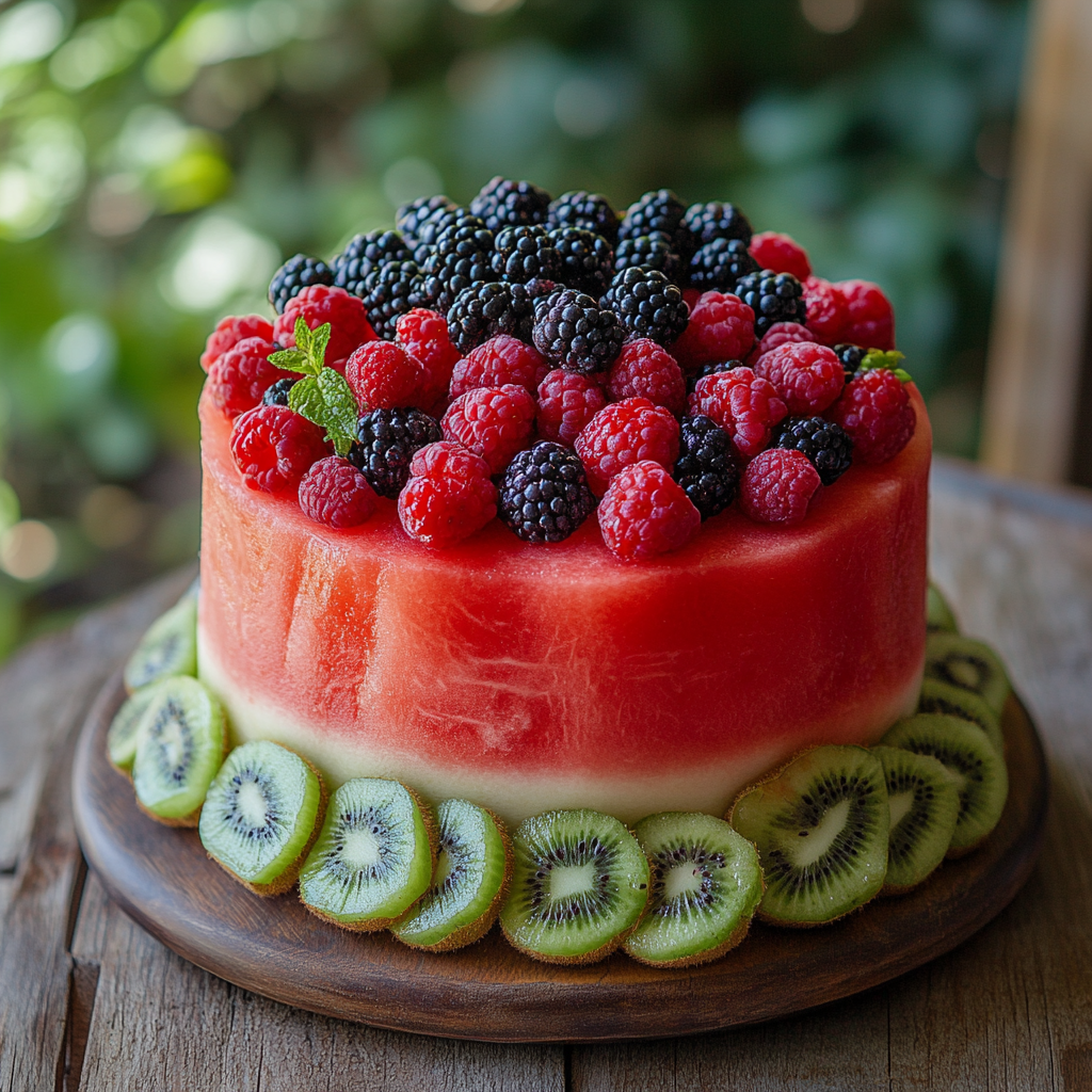 A beautiful watermelon cake topped with fresh raspberries, blackberries, and kiwi slices arranged on a wooden platter.