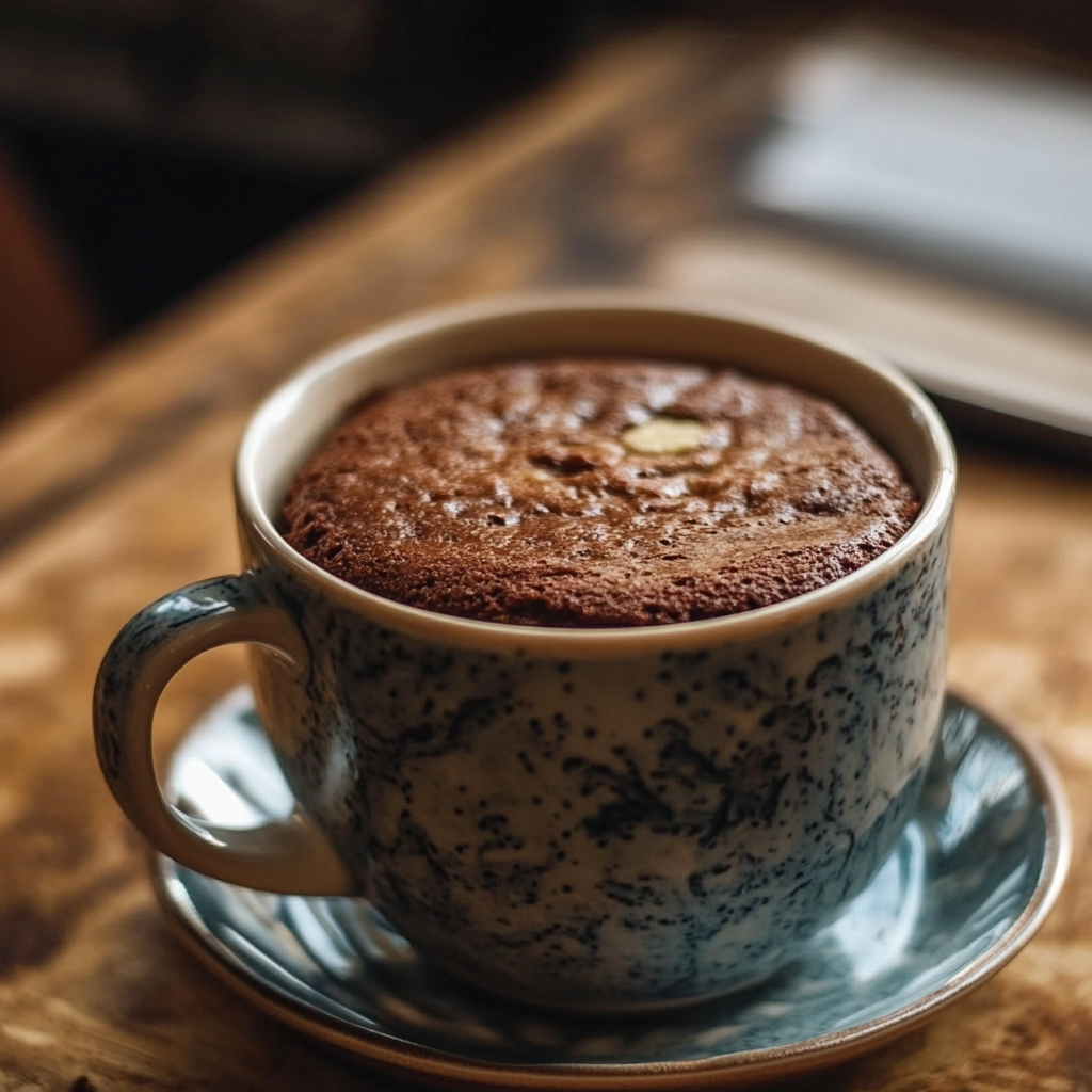 A freshly baked mug cake in a speckled ceramic mug with a golden-brown top, served on a blue saucer.