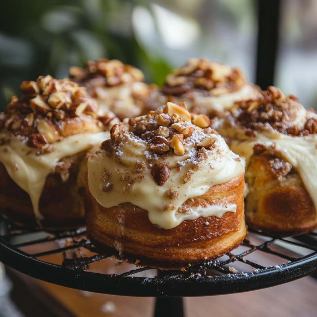 Freshly baked sourdough cinnamon rolls topped with cream cheese frosting and chopped nuts, cooling on a wire rack.