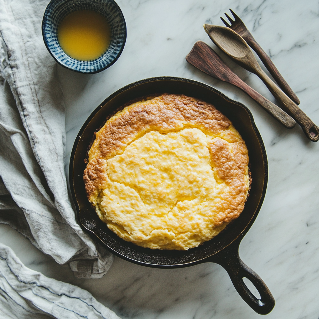 A golden-brown Southern cornbread in a cast-iron skillet, with beef tallow and rustic kitchen tools on a marble table.