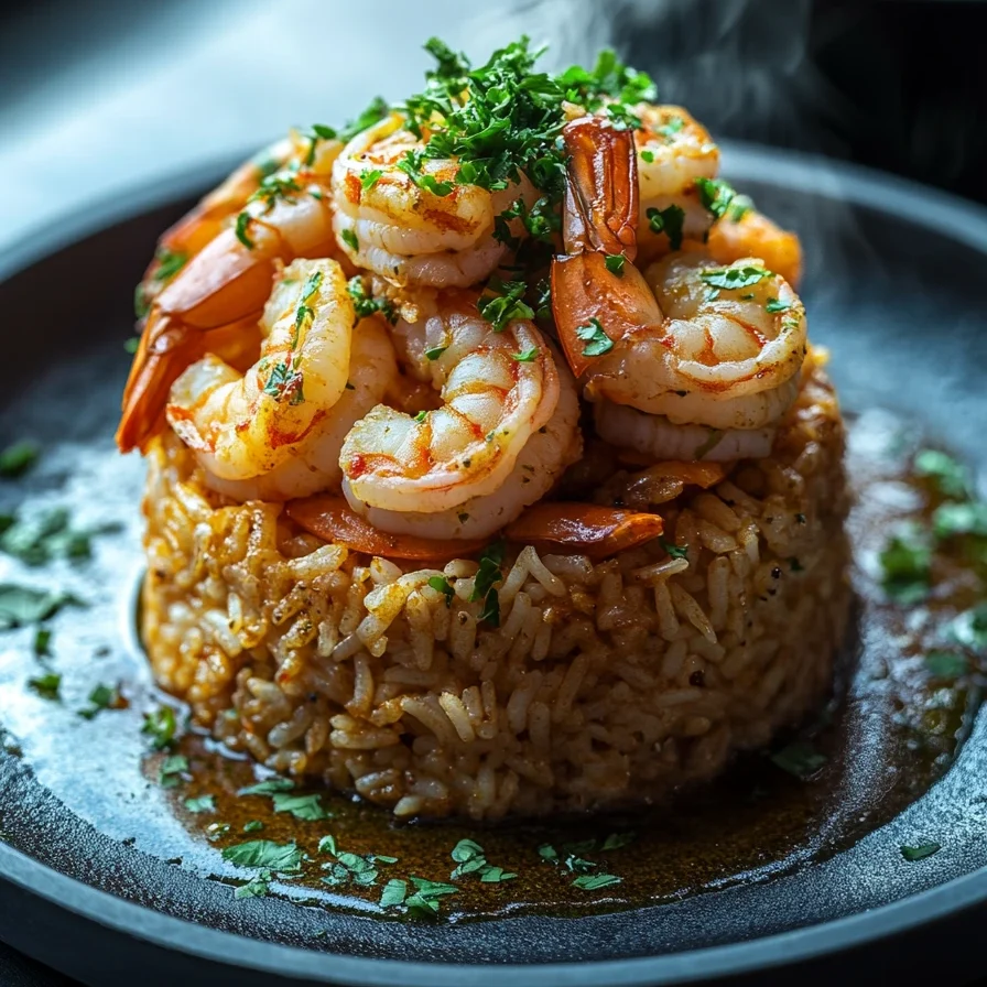 Garlic butter rice paired perfectly with succulent shrimp as a great side dish.