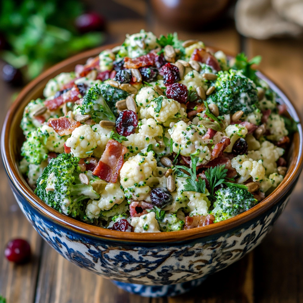 A vibrant bowl of broccoli cauliflower salad featuring fresh vegetables, bacon, seeds, and dried cranberries.