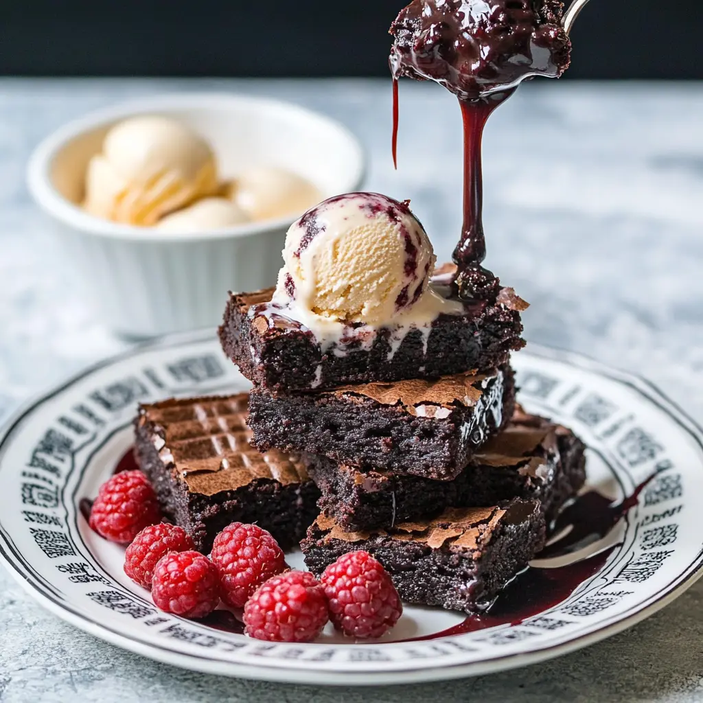 Served Vegan Slutty Brownies with vegan ice cream and fresh berries for an indulgent plant-based dessert.