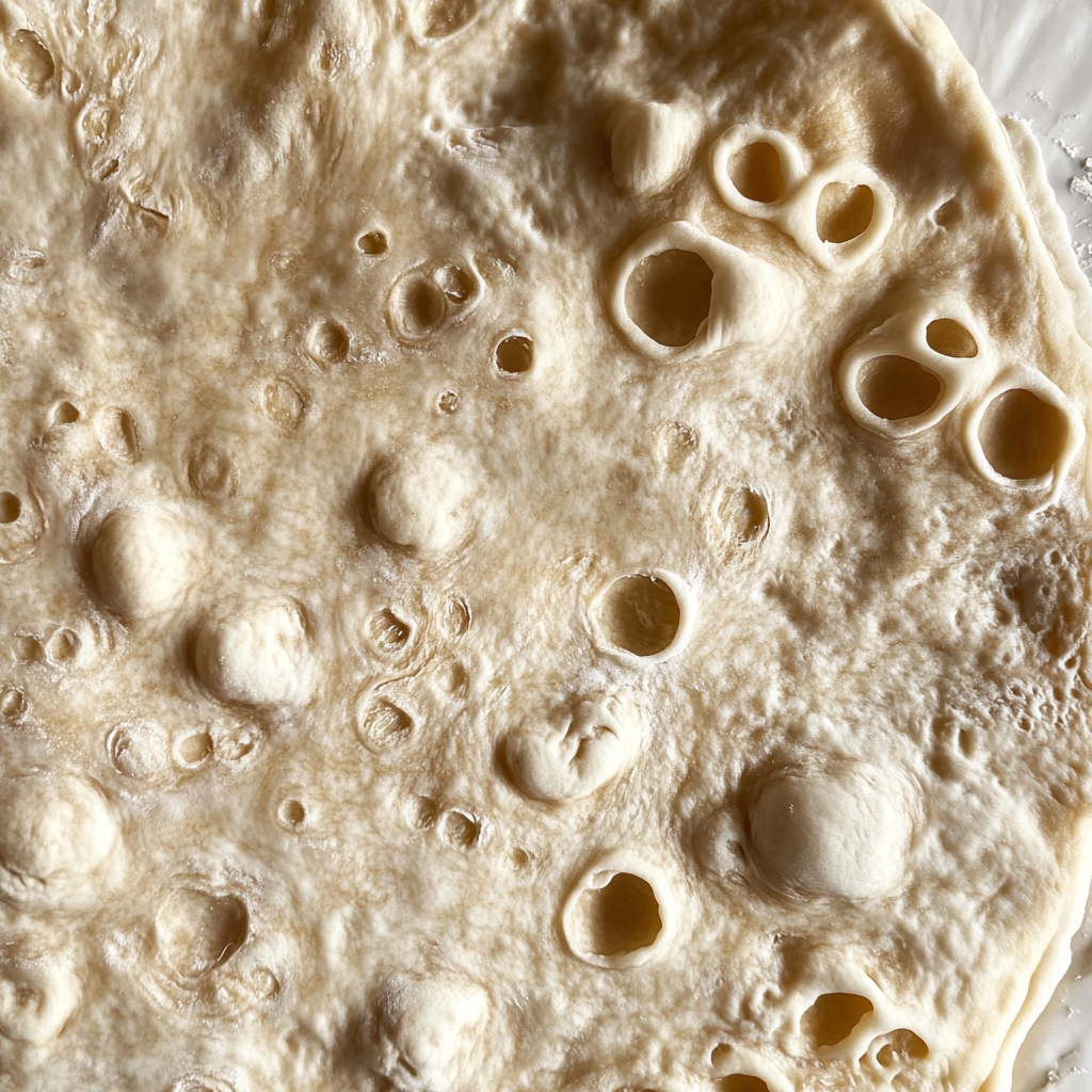 Close-up of overproofed sourdough dough showing large air bubbles and uneven texture, a result of excessive fermentation.