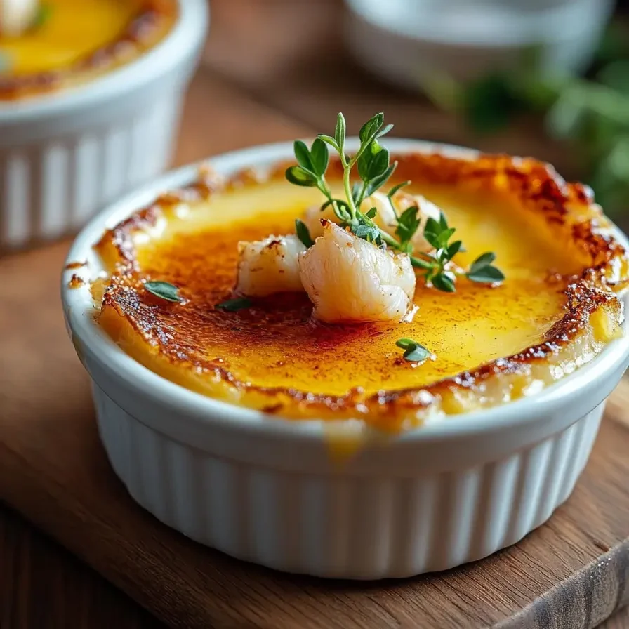 A golden crème brûlée in a white ramekin, garnished with thyme sprigs and small pieces of caramelized fruit, placed on a wooden board with a blurred background.