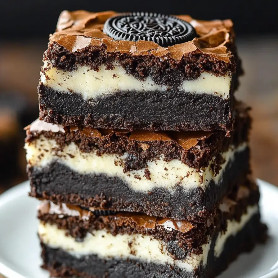 Sliced Slutty Oreo Brownie Bars displaying layers of cookie dough, Oreos, and brownie batter.