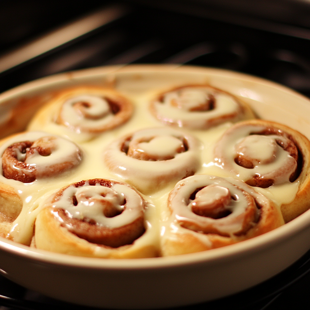 Freshly baked cinnamon rolls with a generous topping of cream cheese frosting, served in a round baking dish.