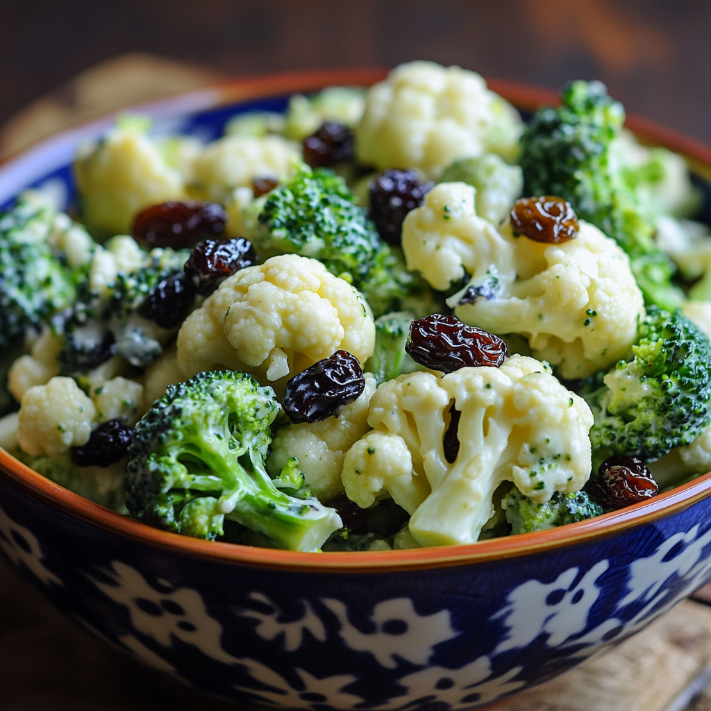 Broccoli cauliflower salad with raisins in a colorful serving bowl.