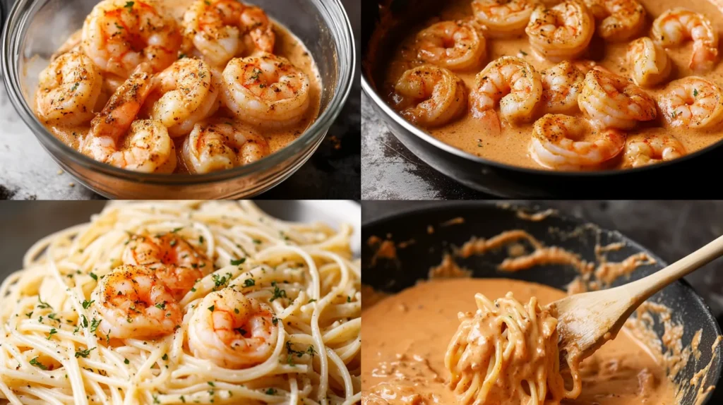 A step-by-step visual of Cajun Shrimp Pasta being cooked, from seasoning the shrimp to tossing the pasta in a creamy Cajun sauce.