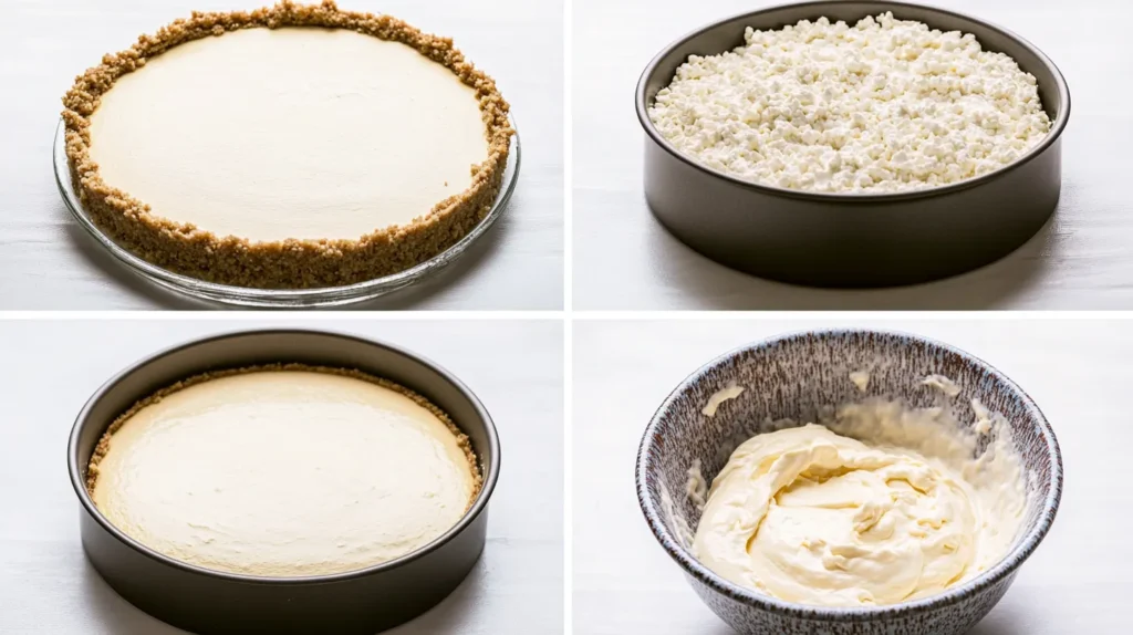 A four-panel collage showing key stages of cottage cheese cheesecake preparation: pressed crust, blended cottage cheese, combined filling, and spread batter in a springform pan.