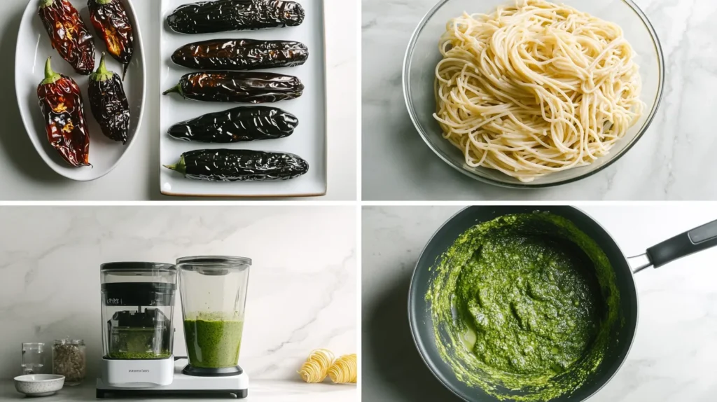 Collage of static cooking steps for Mexican Espagueti Verde.
