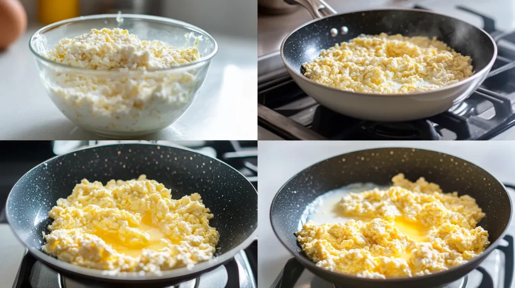 4-panel collage showing static stages of scrambled eggs with cottage cheese preparation.