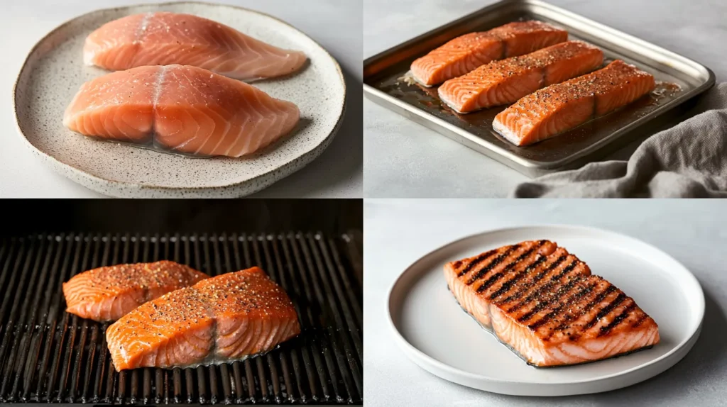 4-panel collage of static cooking steps for Traeger grilled salmon.