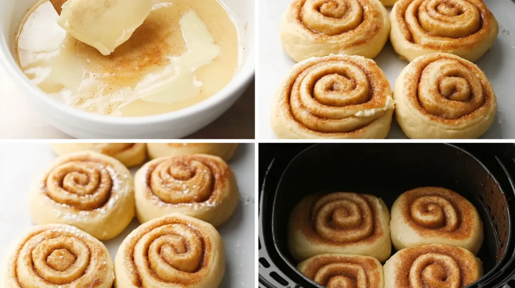 Step-by-step collage showing the preparation of air fryer cinnamon rolls, from rolling out the dough to placing the rolls in the air fryer basket.