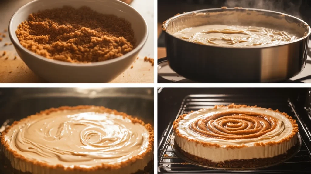 A step-by-step collage of cinnamon roll cheesecake preparation, including crust making, cheesecake batter mixing, cinnamon swirl layering, and baking in a water bath.