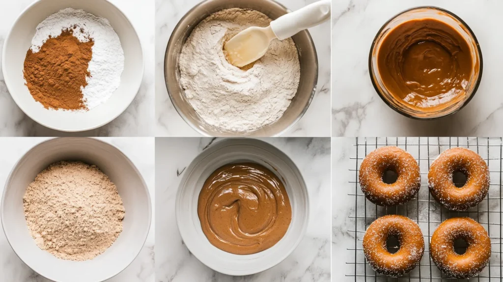 A step-by-step collage showing the process of making healthy donuts, from mixing ingredients to baking and cooling on a wire rack.