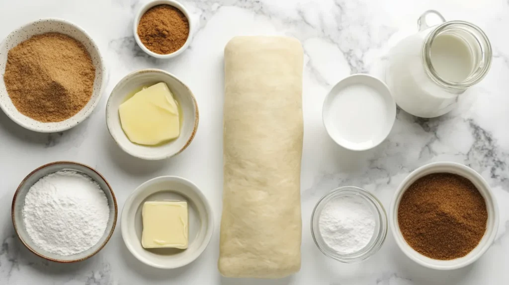 Top-down view of ingredients for air fryer cinnamon rolls, including cinnamon roll dough, brown sugar, cinnamon, melted butter, milk, powdered sugar, and vanilla extract.