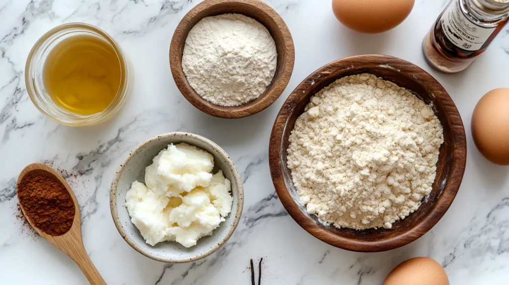A neatly arranged top view of ingredients for healthy donuts, including whole wheat flour, coconut sugar, eggs, almond milk, vanilla extract, coconut oil, baking powder, and cinnamon on a marble table.