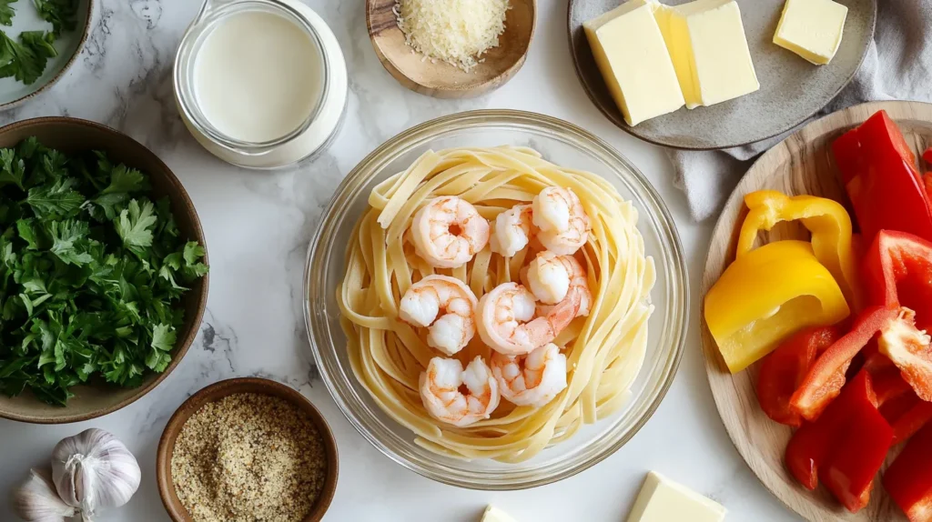A top-down view of fresh ingredients for Cajun Shrimp Pasta, including shrimp, fettuccine, heavy cream, parmesan, bell peppers, Cajun seasoning, garlic, and butter.