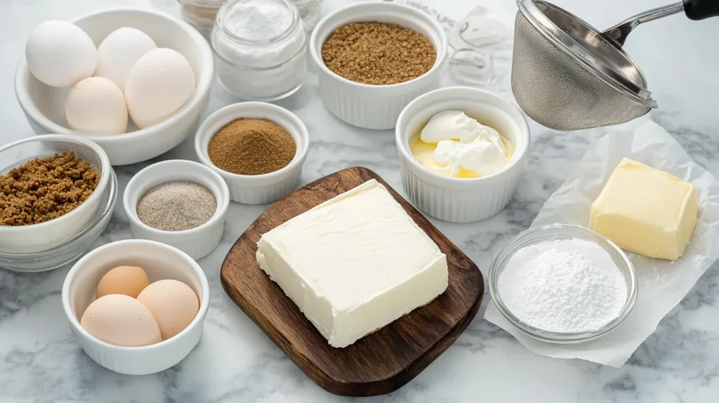 A neatly arranged display of cinnamon roll cheesecake ingredients, including cream cheese, sugar, eggs, graham cracker crumbs, butter, cinnamon, and vanilla extract on a marble countertop.
