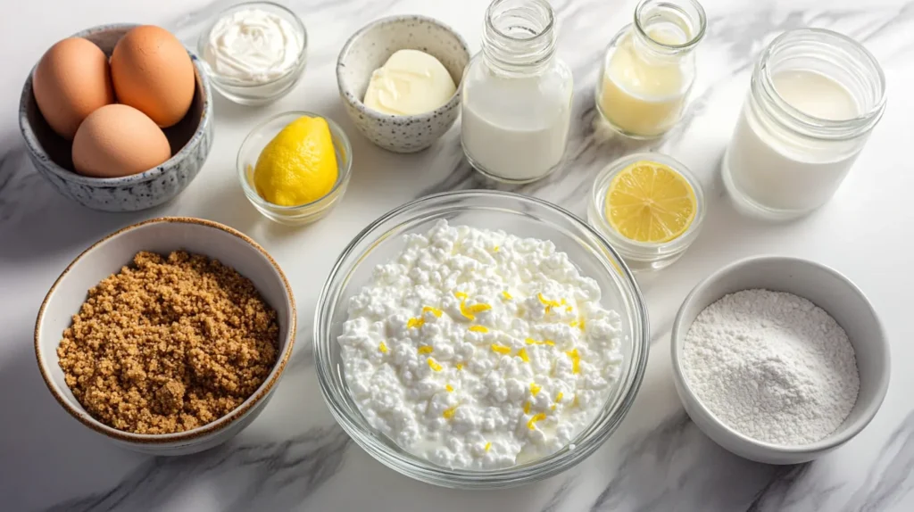 Top view of uncooked ingredients for cottage cheese cheesecake arranged on a marble table in glass and ceramic kitchenware.