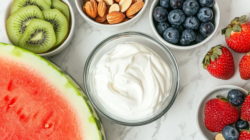 Top view of watermelon, cream, and fresh fruits arranged on a marble table.
