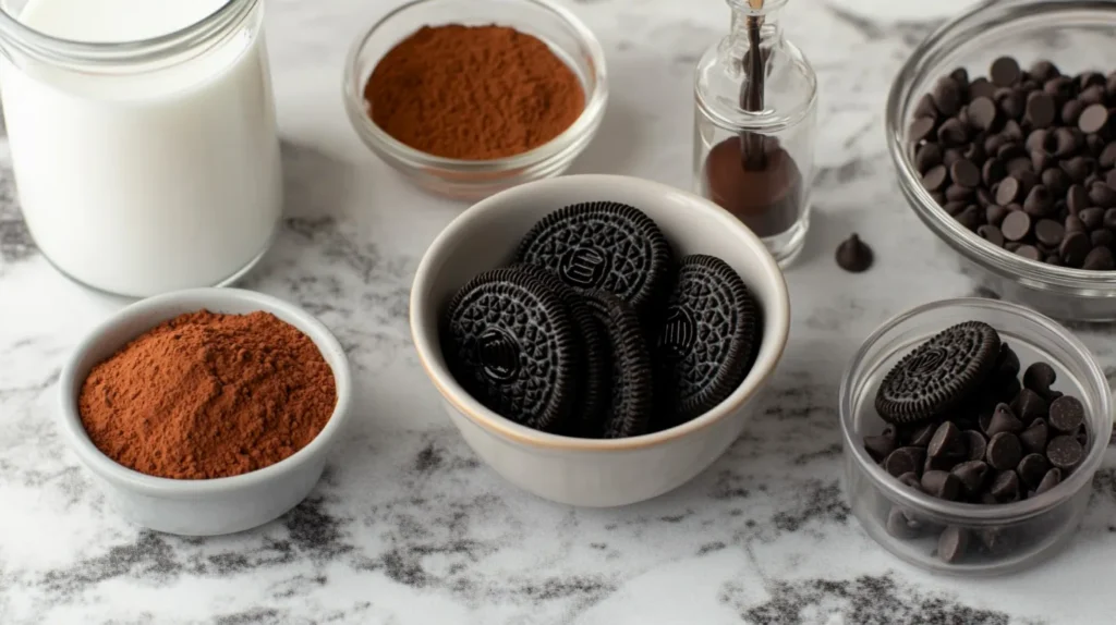 Top view of Oreo Mug Cake ingredients arranged on a marble table.