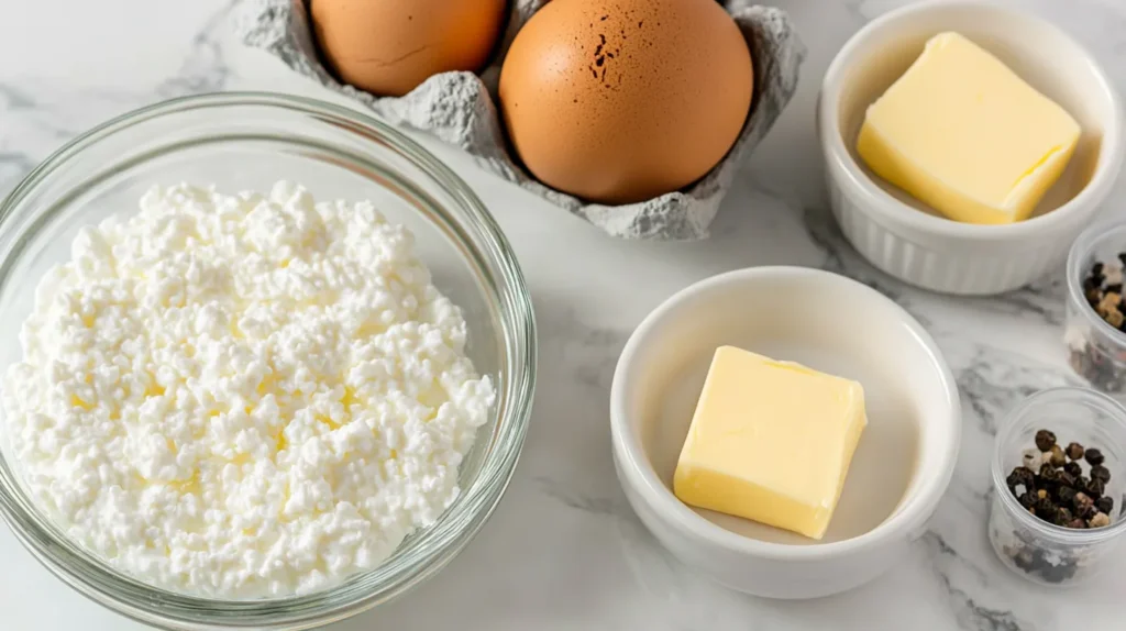 Top view of eggs, cottage cheese, butter, salt and pepper arranged on a marble table.