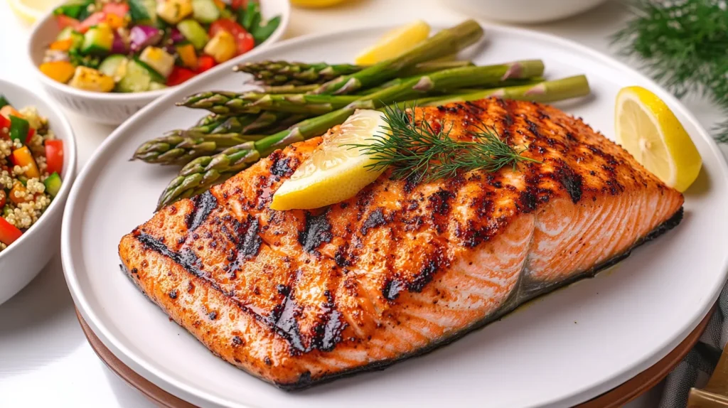 Close up view of a plated Traeger grilled salmon fillet with sides on a dinner table.
