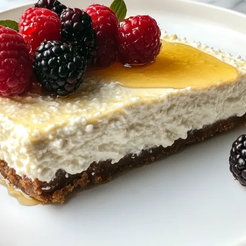 Close-up of a slice of cottage cheese cheesecake on a white ceramic plate with fresh berries and honey.