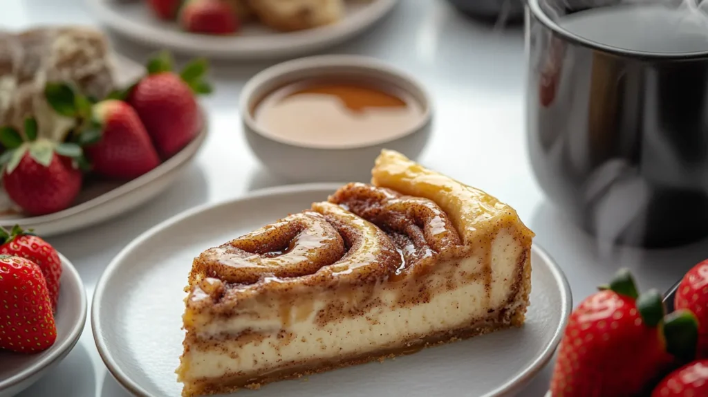 A slice of cinnamon roll cheesecake served on a plate with caramel sauce, fresh strawberries, and a cup of coffee on a cozy dessert table.