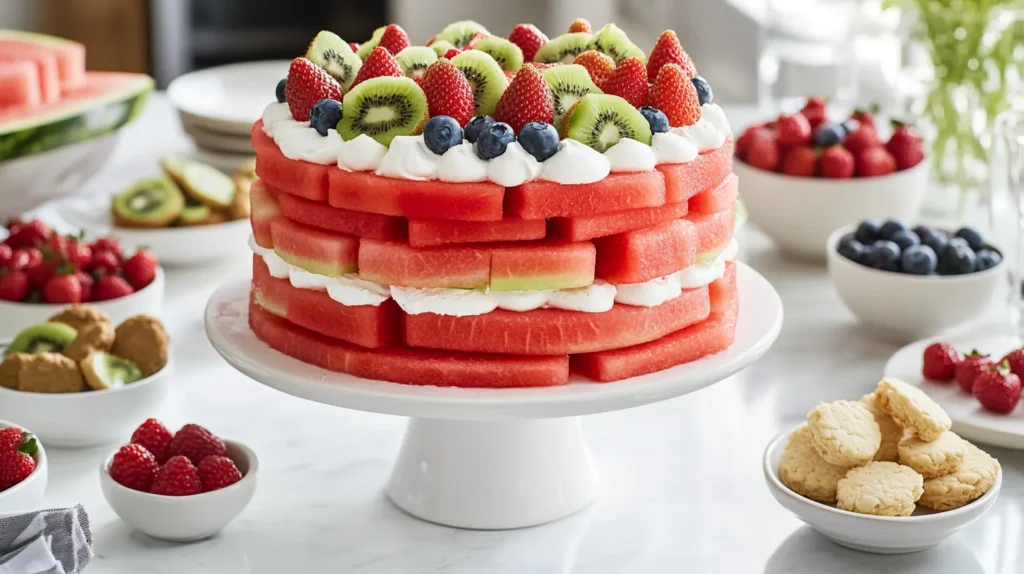 Close up of a full watermelon cake on a ceramic cake stand with fresh fruit garnishes and side dishes.