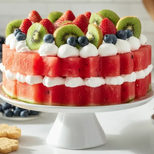 Full watermelon cake elegantly displayed on a ceramic cake stand with vibrant fruit garnishes and complementary side dishes on a modern table.