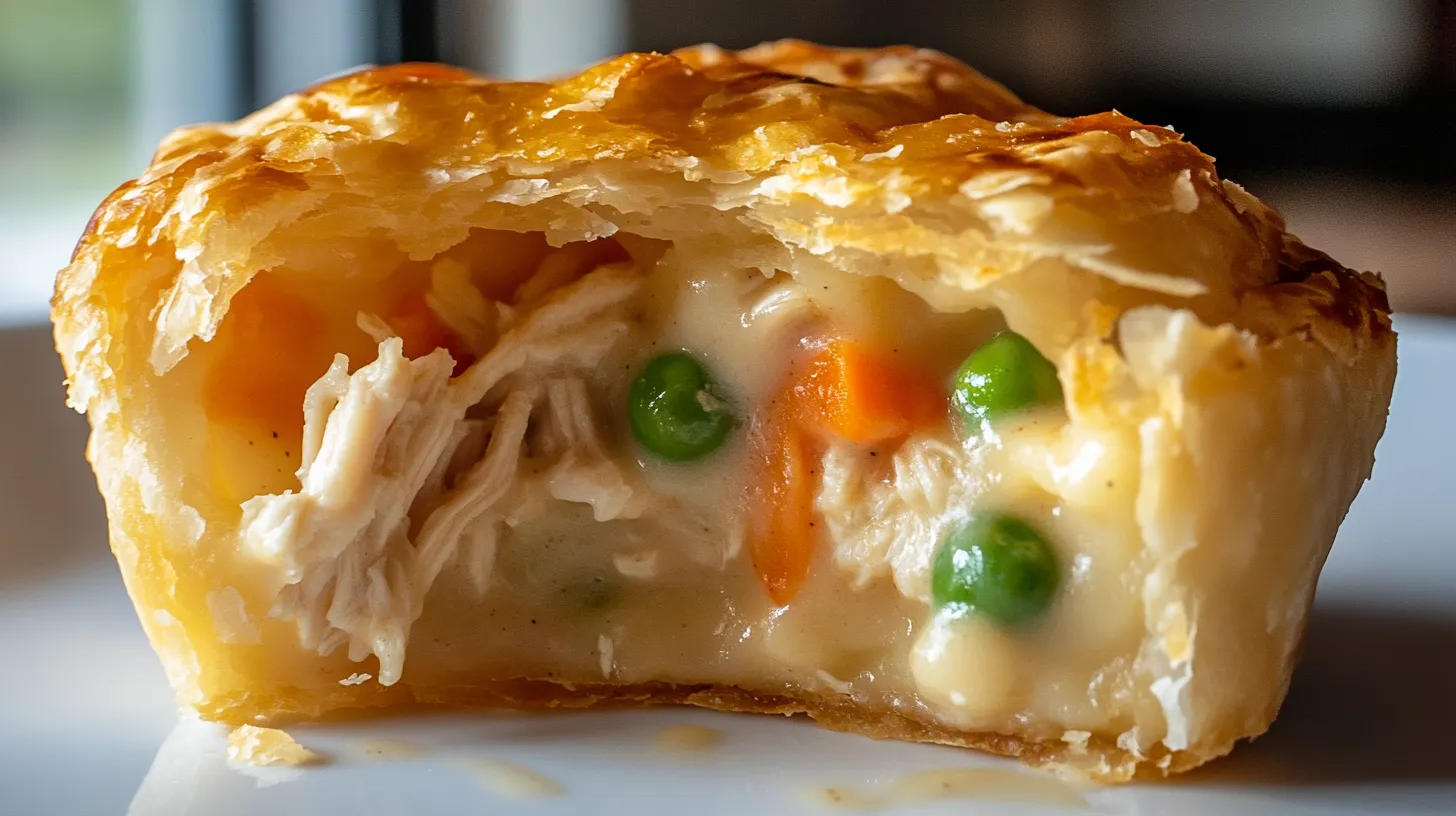 A close-up of a Mini Chicken Pot Pie with a flaky golden crust, revealing a creamy chicken and vegetable filling.