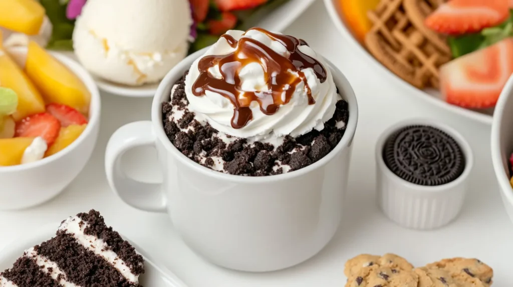 Oreo Mug Cake slice served on a modern dinner table with vanilla ice cream, fresh fruit salad, and crunchy cookies.