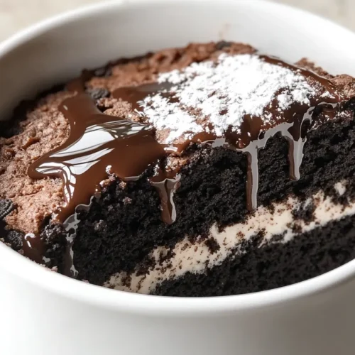 Close-up view of Oreo Mug Cake slice in a white ceramic mug with crushed Oreos and chocolate syrup.
