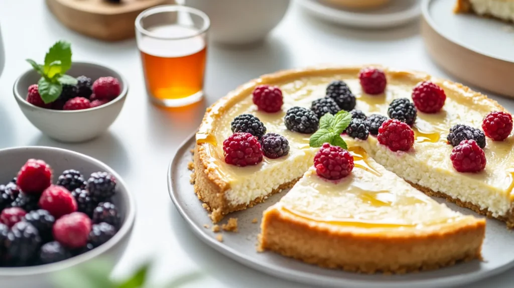 Close-up of a slice of cottage cheese cheesecake with fresh berries served on a modern dinner table with complementary side dishes.