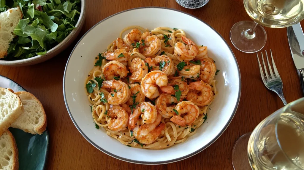 A plate of creamy Cajun Shrimp Pasta served with garlic bread, fresh green salad, and a glass of white wine on a cozy dinner table.