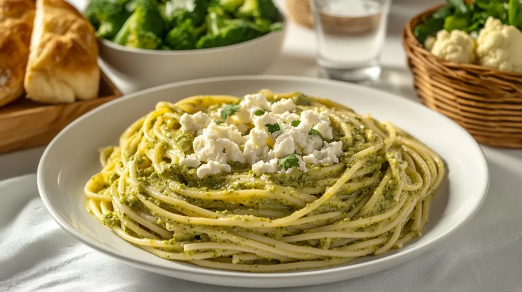 Serving suggestion image of Mexican Espagueti Verde with a salad and bread on a modern dinner table.