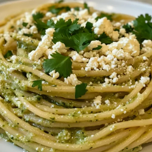 Close up view of Mexican Espagueti Verde with creamy green sauce on a white ceramic plate.