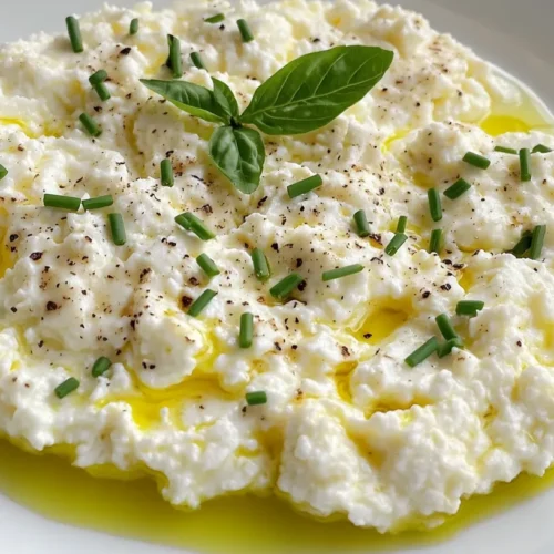 Close-up of creamy scrambled eggs with cottage cheese on a white ceramic plate with fresh chives garnish.
