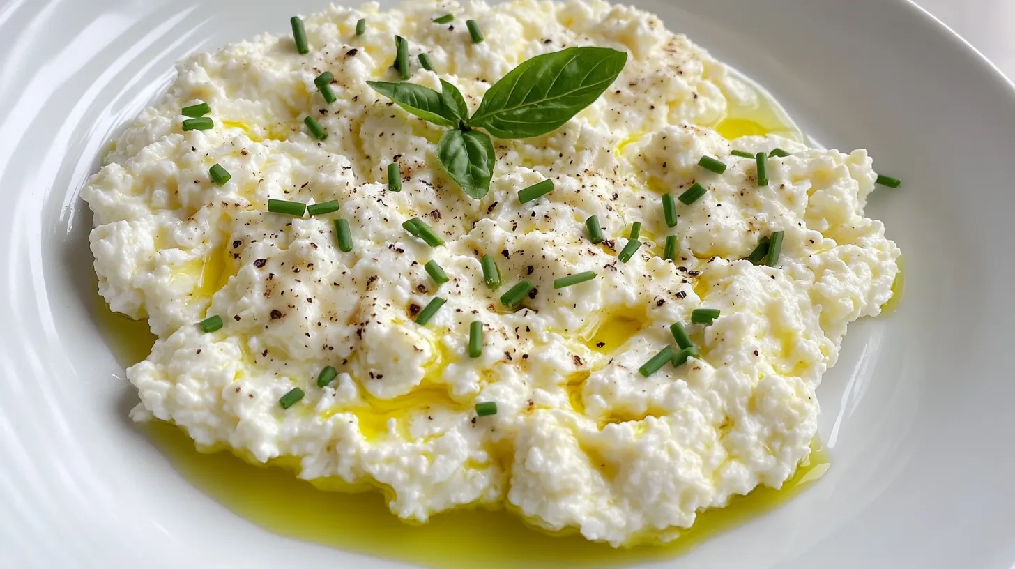 Close-up of creamy scrambled eggs with cottage cheese on a white ceramic plate with fresh chives garnish.