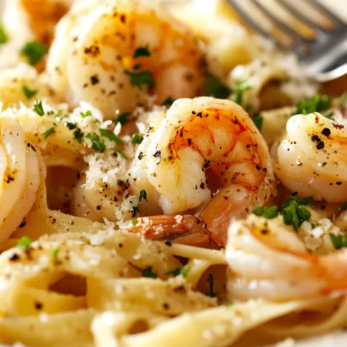 A close-up of creamy Cajun Shrimp Pasta served on a white plate, topped with plump shrimp, Cajun-spiced sauce, fresh parsley, and parmesan.