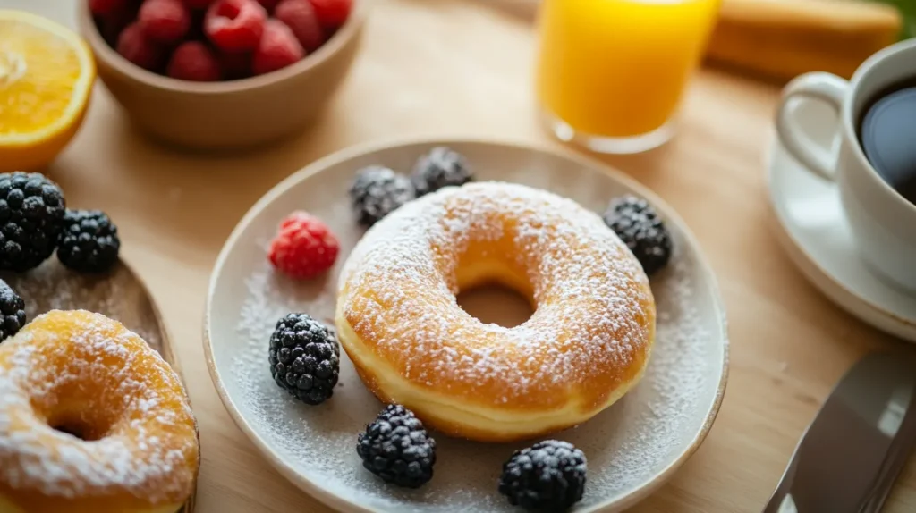 A plate of freshly baked healthy donuts served with fresh berries, coffee, and orange juice on a beautifully arranged breakfast table.