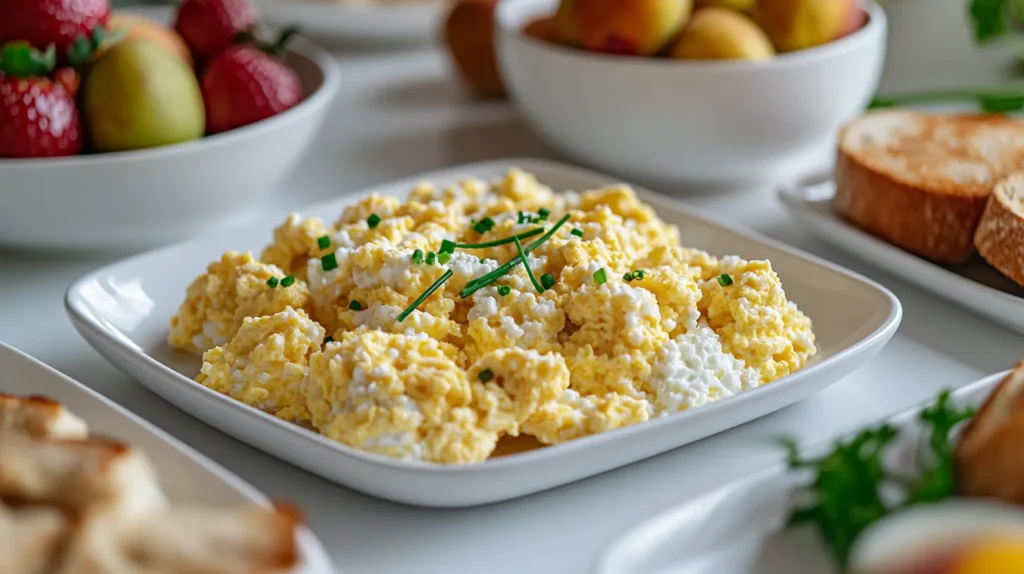 Scrambled eggs with cottage cheese served on a modern breakfast table with fresh fruit and toast.