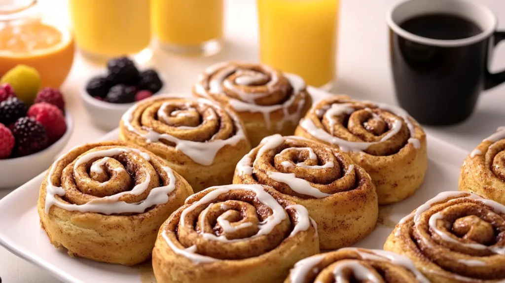 Freshly made air fryer cinnamon rolls served on a breakfast table with coffee, orange juice, and a bowl of mixed berries.