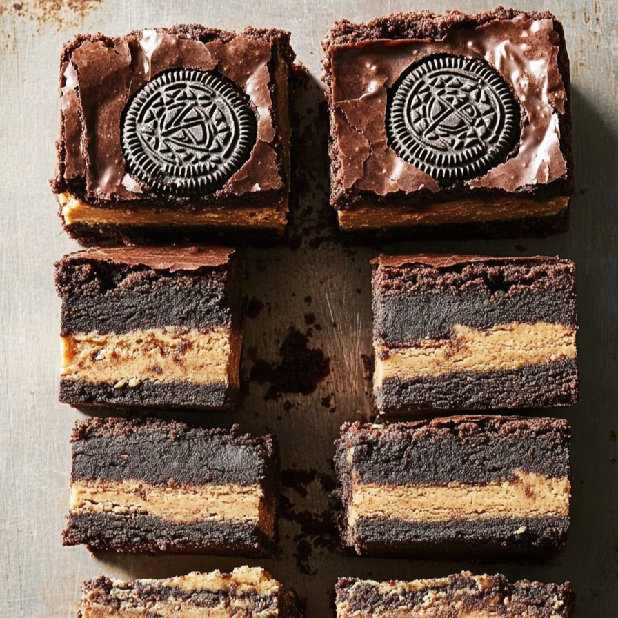 A batch of Oreo layered brownies, featuring alternating chocolate and vanilla layers, topped with glossy chocolate and Oreo cookies, arranged on a textured surface.