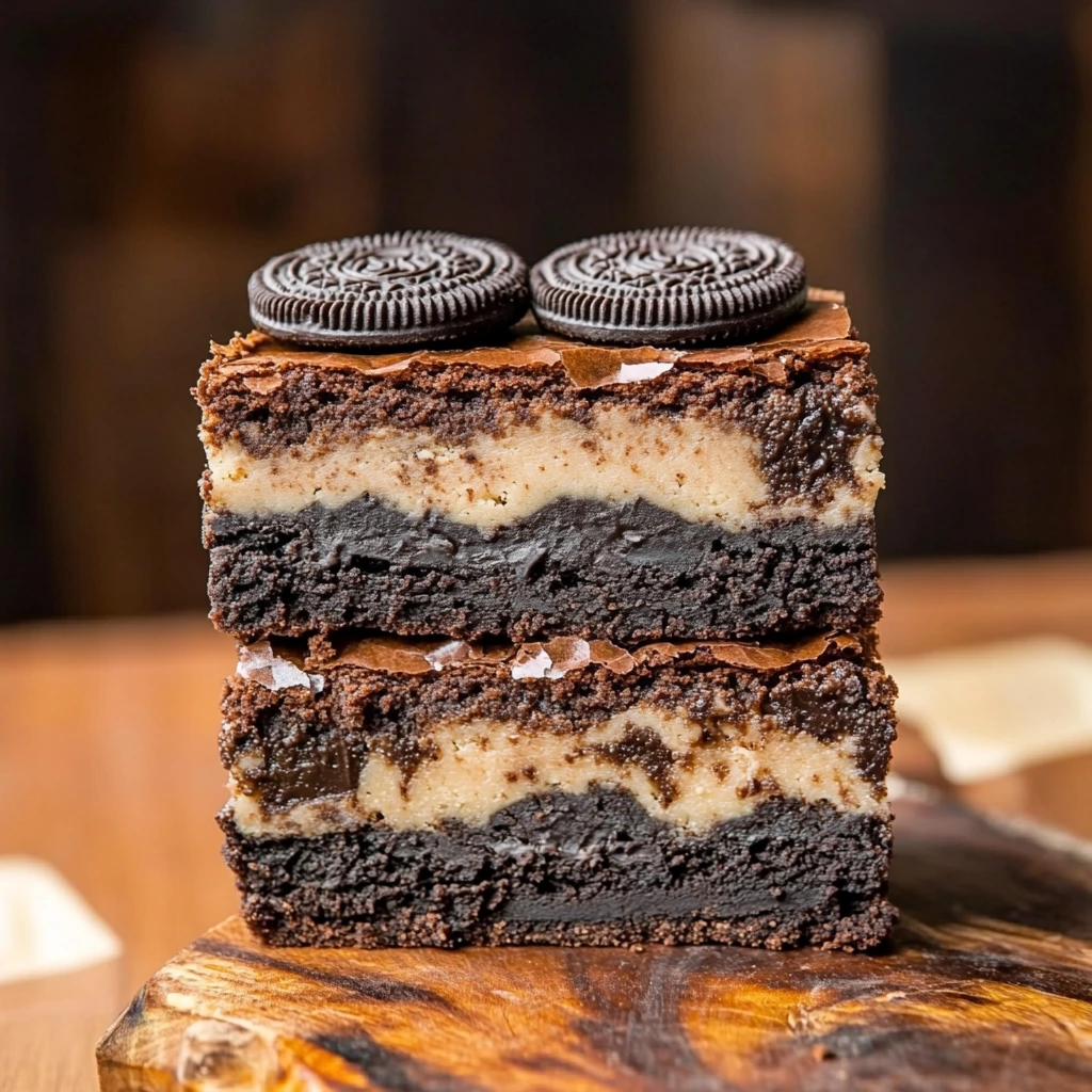 A slice of slutty brownies displaying layered cookie dough, Oreos, and fudge brownies.