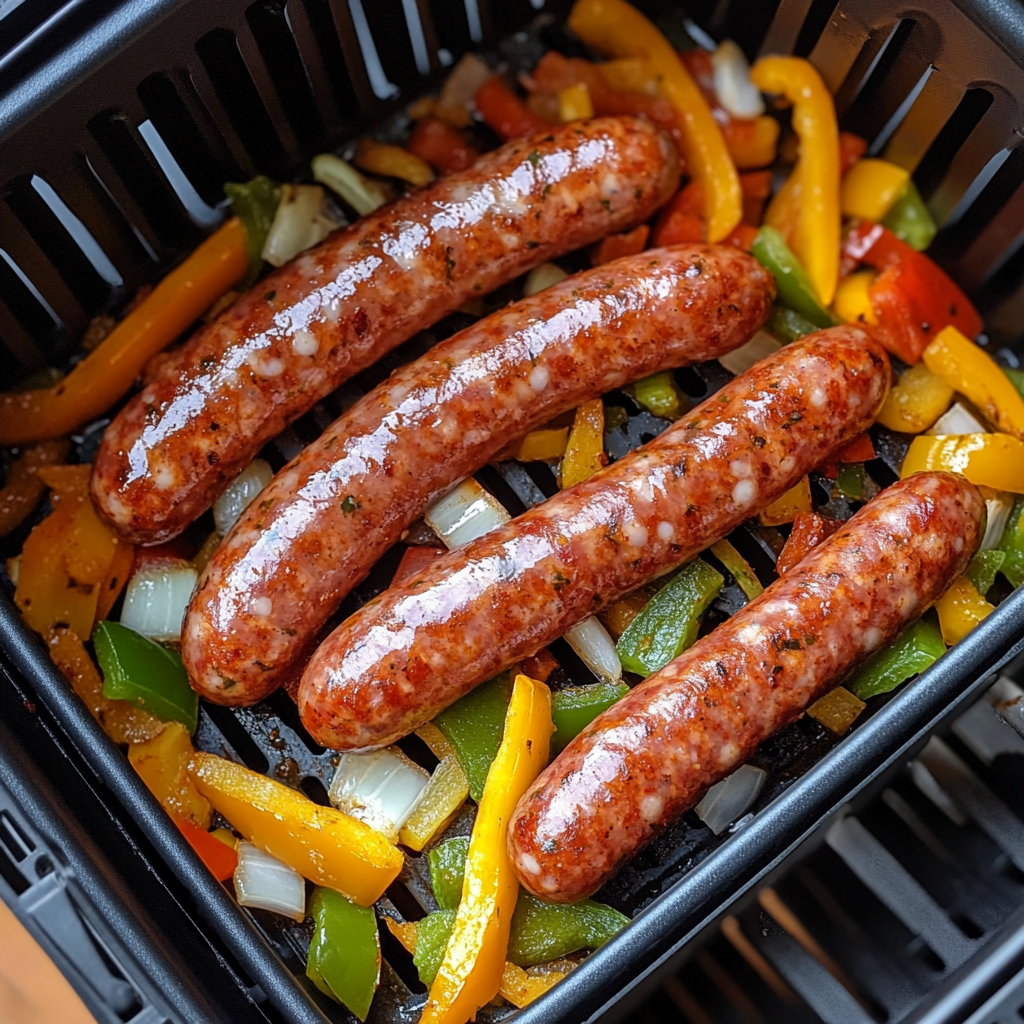 Raw Italian sausages placed in an air fryer basket with colorful chopped vegetables, ready for cooking, highlighting a healthy meal preparation.