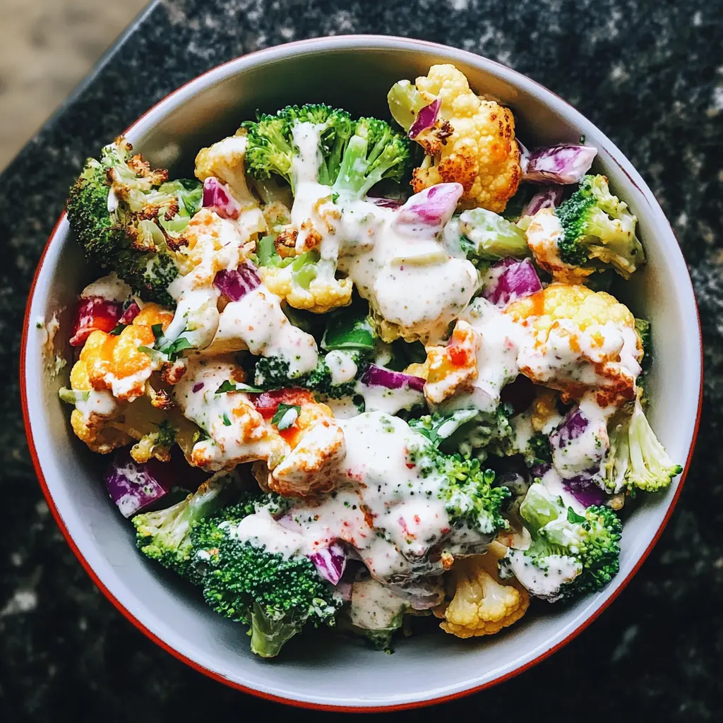 Broccoli cauliflower salad with creamy dressing drizzled over fresh vegetables including cauliflower, broccoli, and red onion.